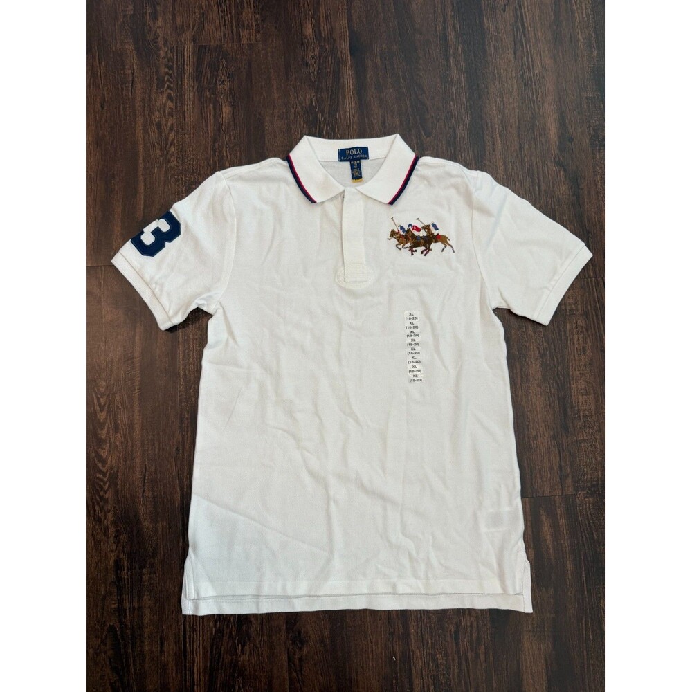 Polo Ralph Lauren V1617 Boy White Triple-Pony Cotton Mesh Polo Shirt XL(18-20)
